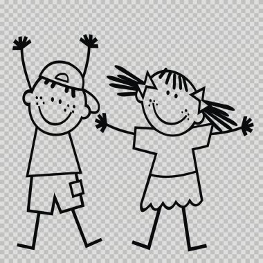 Two children, boy and girl, black outline, line art, transparent background, vector illustration clipart