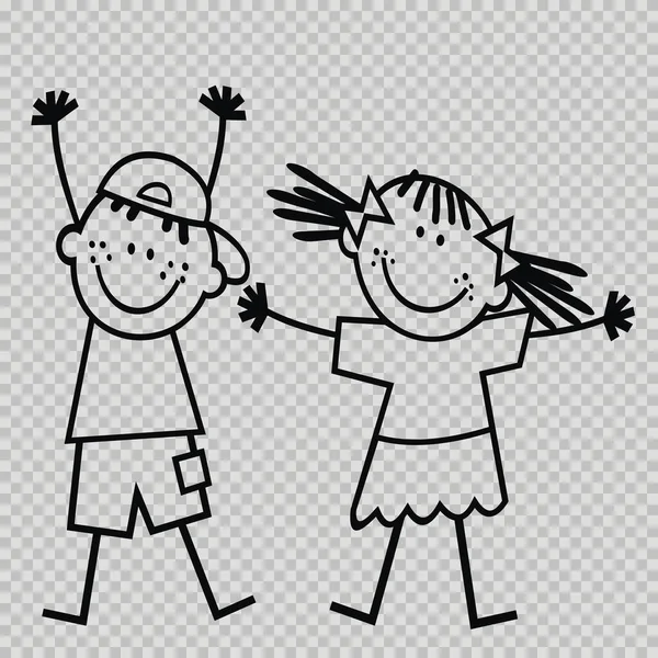 Two Children Boy Girl Black Outline Line Art Transparent Background — Stockvector