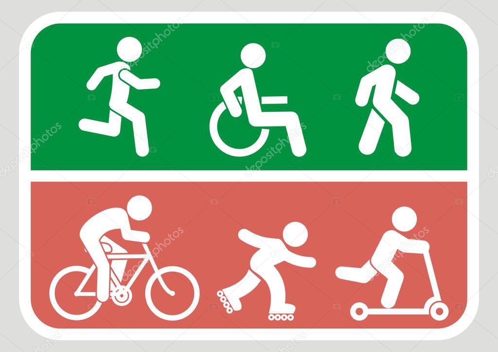 Information sign, path for pedestrians and cyclists, vector icon, set of icons, runner, wheel chair, walker, cyclist, skater, push scooter,