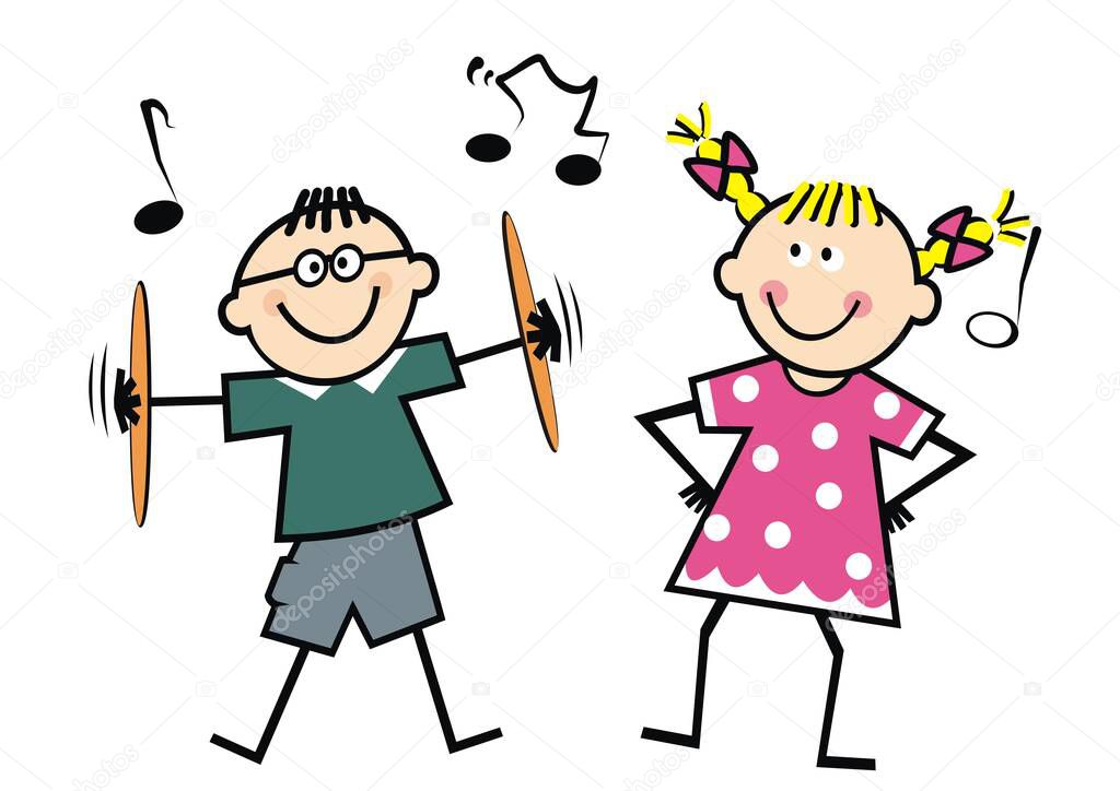 Cymbal playing and dancing, school children, boy and girl, at background music notes