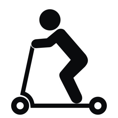 person on electric push scooter, driving, black vector icon