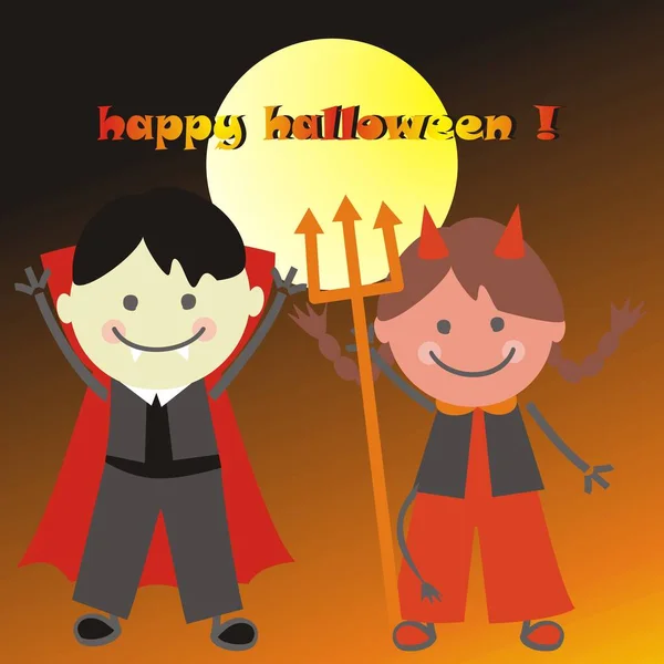 Two Children Boy Girl Vampire Devil Text Happy Halloween Orange — Stock Vector