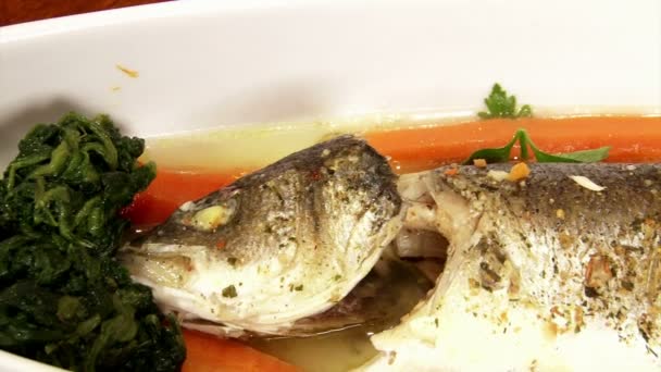 Fish, sea bass, served — Stock Video