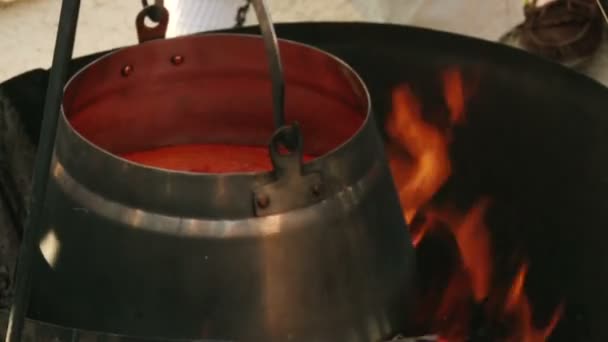 Fischsuppe, Kessel, Feuer — Stockvideo