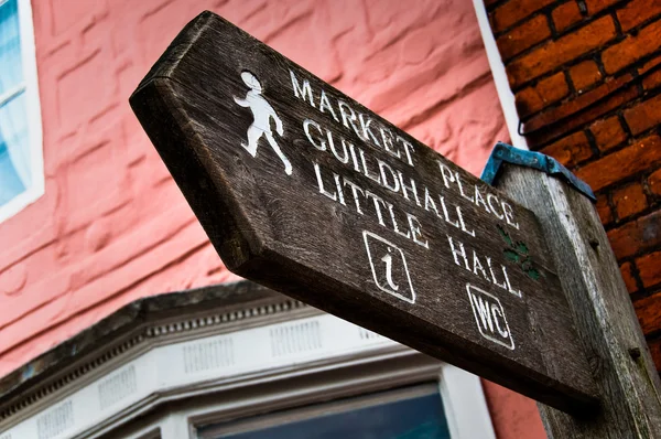 Close up of signpost to Market place and Guildhall Lavenham, England, Suffolk, UK — Stock Photo, Image