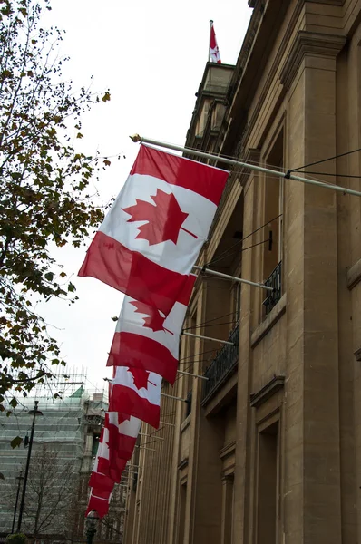 A row of Canadian flags outside Canada House in Trafalgar — Stock Photo, Image