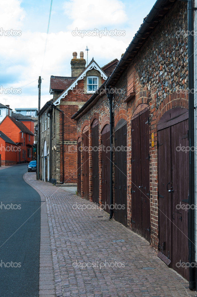 Row of garages in Bury St Edmunds, Suffolk, UK