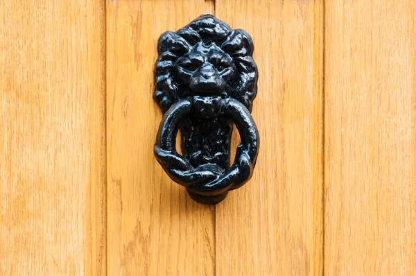 Close up of black lion head door knocker handle wooden door — Stock Photo, Image