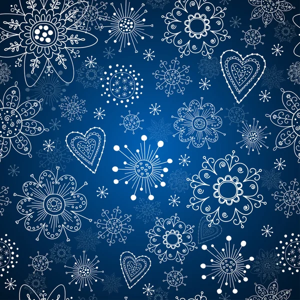 Fondo azul sin costuras con copos de nieve — Vector de stock