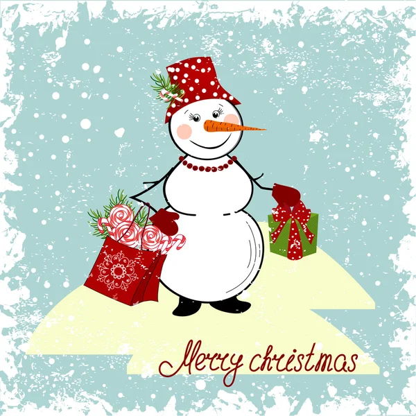 Christmas card with a snowman and gifts — Stock Vector