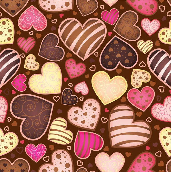 Patrón de chocolate sin costura con corazón de carne dulce — Vector de stock