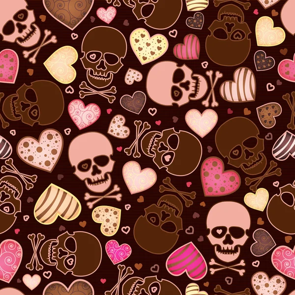 Seamless pattern with skull and sweetmeat in form heart — Stock Vector