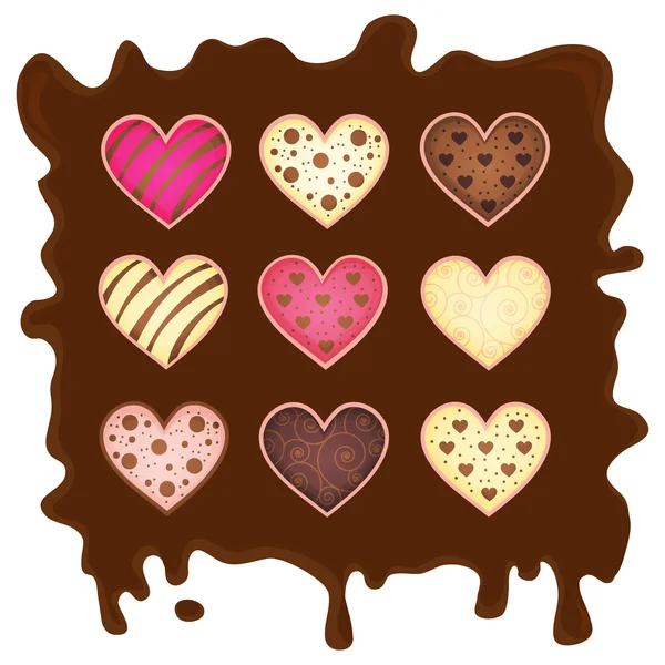 Set hart op chocolade achtergrond — Stockvector