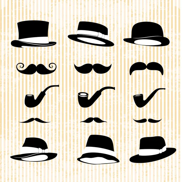 Ensemble vintage, avec moustaches, chapeaux et un tuyau — Image vectorielle