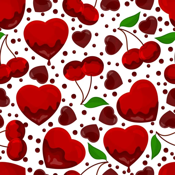 Hearts and cherry in chocolate, seamless pattern — Stock Vector