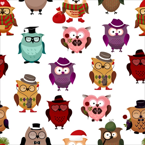 Seamless pattern with funny owls. — Stock Vector