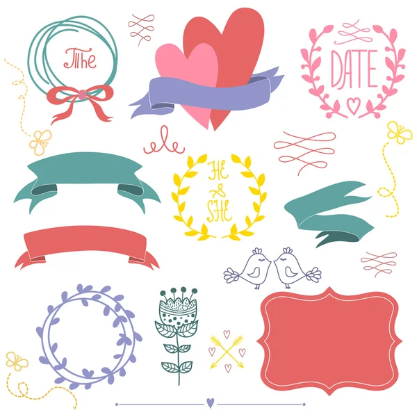 Ensemble graphique de mariage, couronne, fleurs, flèches — Image vectorielle