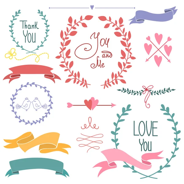 Wedding graphic set, wreath, flowers, arrows — Stock Vector