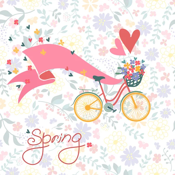 Bicycle with a basket full of flowers. — Stock Vector