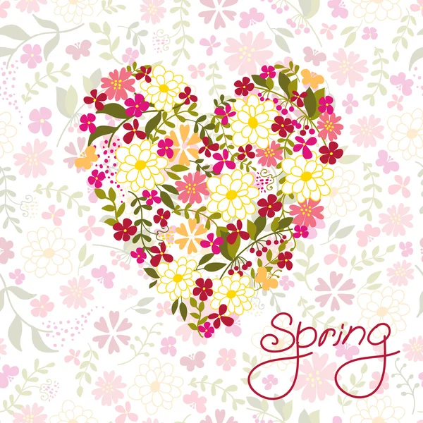 Çiçek Kalp Kartı. Sevimli retro çiçekler..