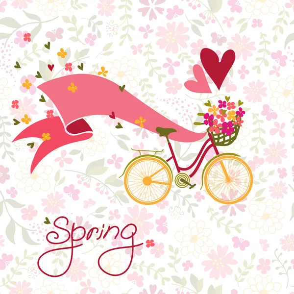 Bicicletta con cesto pieno di fiori. — Vettoriale Stock