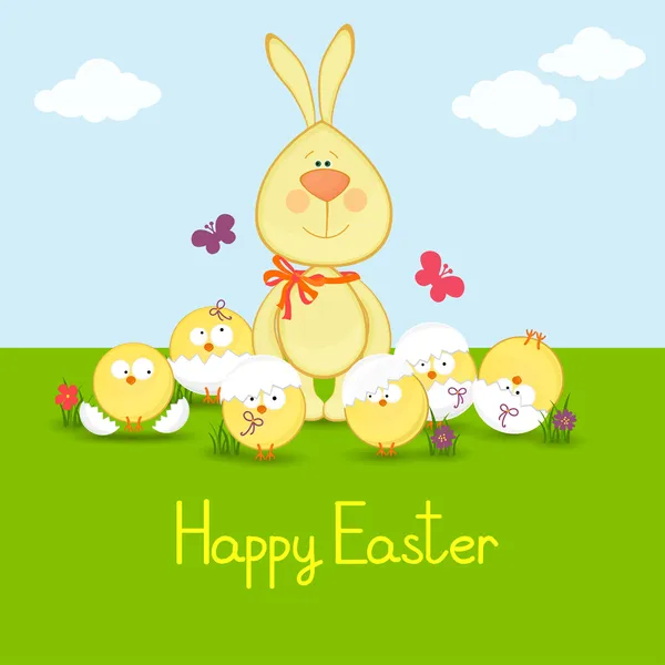 Rabbit with funny chickens.easter illustration. — Stock Vector