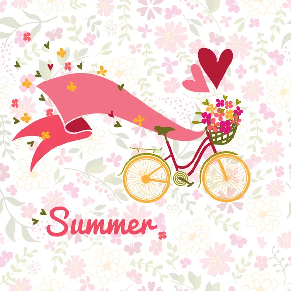 Verano, bicicleta y flores fondo — Vector de stock