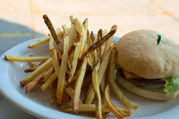 Cheeseburger a hranolky na talíři — Stock fotografie