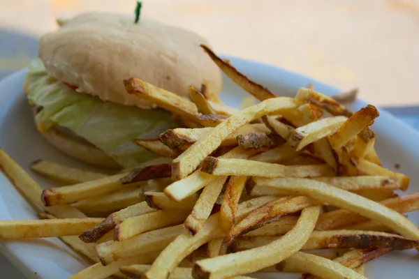 Papas fritas y una hamburguesa de queso en una placa blanca —  Fotos de Stock