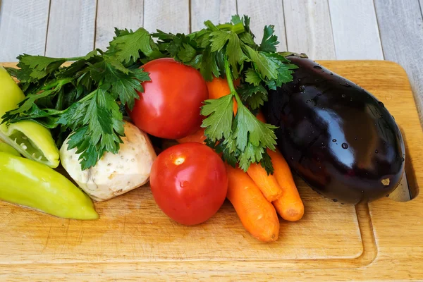 Eggplant, celery, carrots, tomatoes and peppers prepared for cooking — Stock Photo, Image