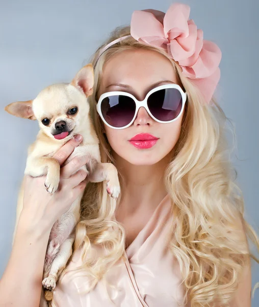 Schöne Frau mit Chihuahua in den Händen Stockfoto