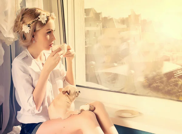 Bella ragazza con cagnolino — Foto Stock