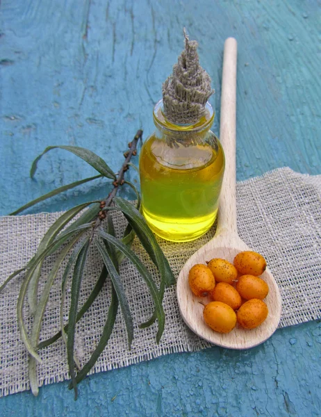 Olio di olivello spinoso in vaso su fondo di legno blu, chiuso - — Foto Stock
