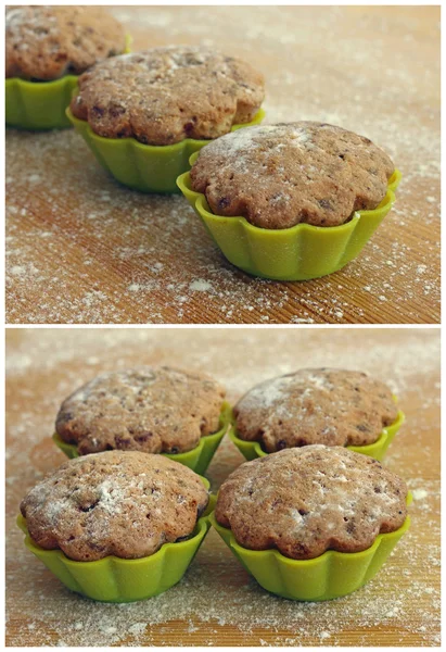 Collage of delicious cupcakes in tins for baking, close-up — Stock Photo, Image