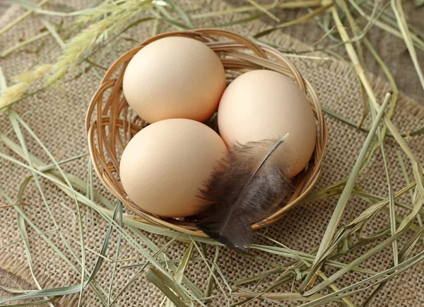 Chicken eggs in wicker basket, close-up — Stock Photo, Image