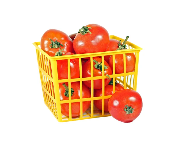 Dojrzałe pomidory w żółty koszyk na białym tle — Zdjęcie stockowe