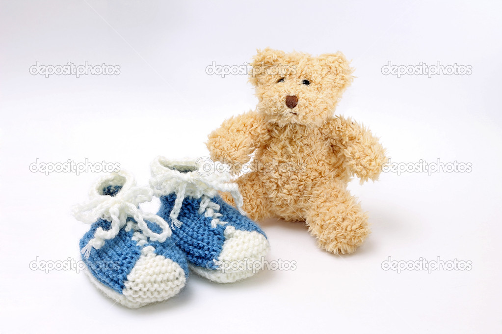 Gift for birth of boy - booties and teddy bear