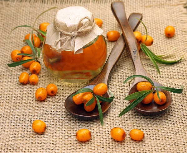 Studio shot of sea buckthorn oil — Stock Photo, Image