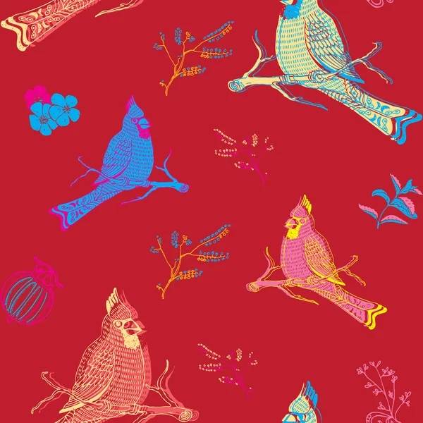 鹦鹉鸟无缝背景与鲜花 — 图库矢量图片