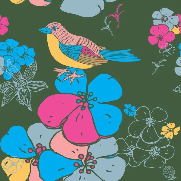 Oiseau fond sans couture avec des fleurs — Image vectorielle