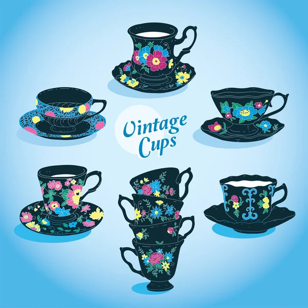 Vector elegante vintage cups collectie — Stockvector