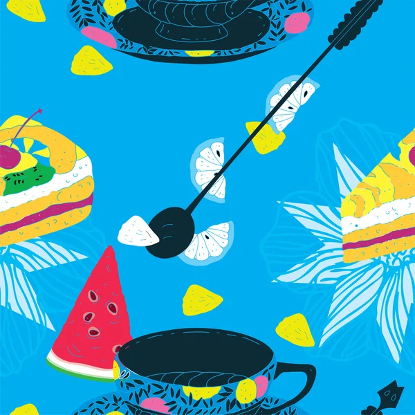 Gâteaux Modèle sans couture avec tasse de café, pastèque, citrons et ananas — Image vectorielle