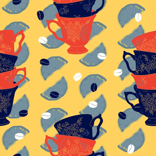 Vector Elegant Cup of Coffee Citrus Seamless Pattern With Coffee Beans and Lemons