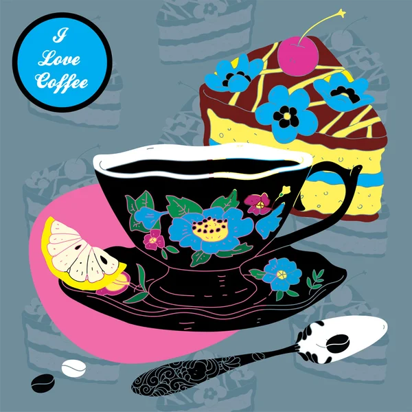 Vektor elegante Tasse Kaffeekartenillustration mit Löffel Zitrone und Kuchen — Stockvektor