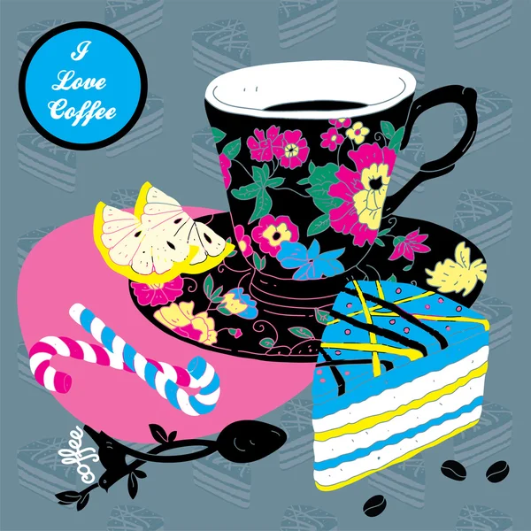 Vector élégante tasse de carte de café Illustration avec cuillère citron et gâteau — Image vectorielle