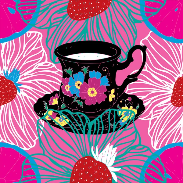 Fresh Seamless Fruit Futuristic Pattern with Coffee Cups, Strawberry and Flowers — стоковый вектор