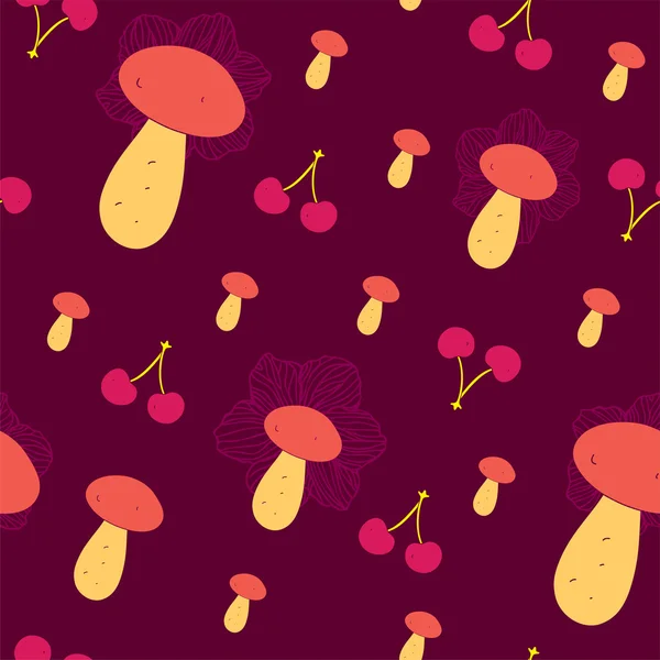 Mushroom cookies naadloze patroon met cherry — Stockvector