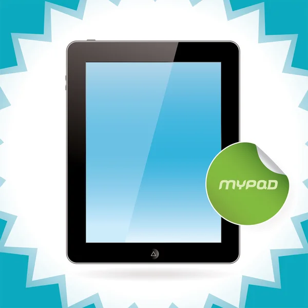 Tablet PC, ipad, iphone - stijl gadget illustratie, zwarte pictogrammen, teken, badge met sticker — Stockvector