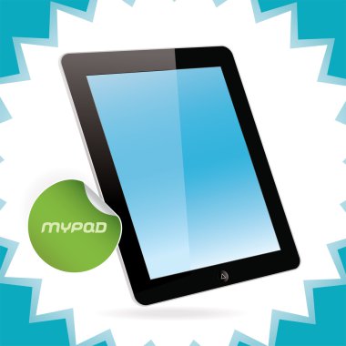 siyah tablet pad illüstrasyon, simgeler, işaret, etiket ile rozet