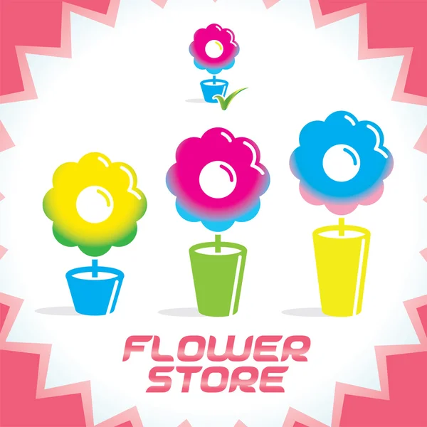 Vector colorido degradado brillante flor tienda iconos, signo, botón para la familia, niños, mujeres, presente, vacaciones, fecha — Archivo Imágenes Vectoriales